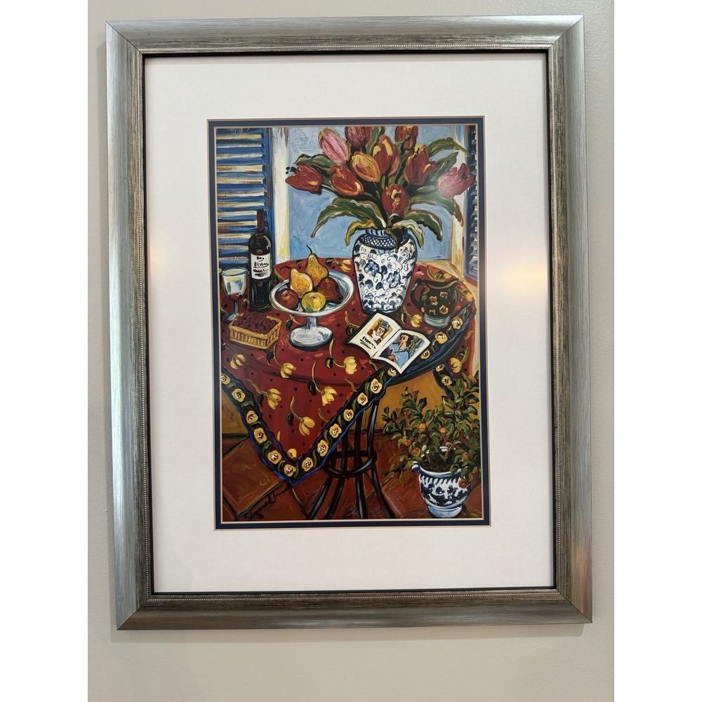 Blue and White with Tangerine Tree by Suzanne Etienne - Framed and Matted